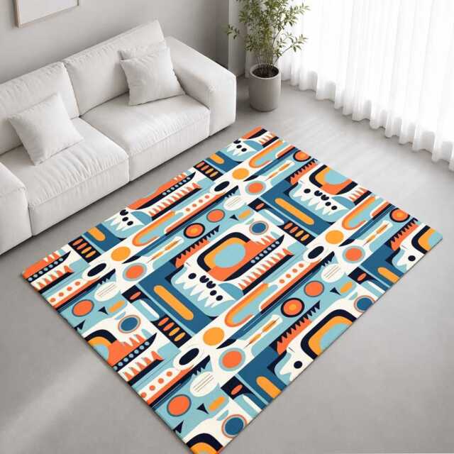 Teal Orange Retro Geometric Repeat Pattern Rug Non-Slip Soft Area Carpet Bedroom Living Room Hallway Mat Decor - Made in UK - image 1