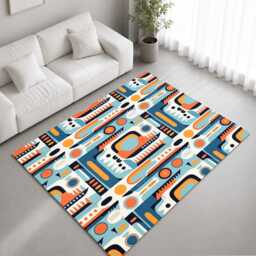 Teal Orange Retro Geometric Repeat Pattern Rug Non-Slip Soft Area Carpet Bedroom Living Room Hallway Mat Decor - Made in UK
