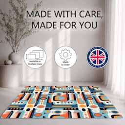 Teal Orange Retro Geometric Repeat Pattern Rug Non-Slip Soft Area Carpet Bedroom Living Room Hallway Mat Decor - Made in UK - thumbnail 2