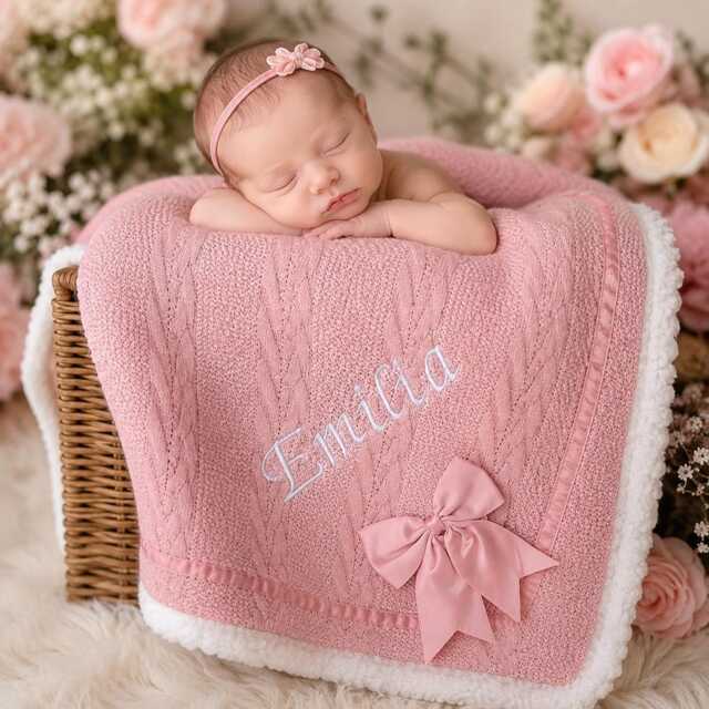 Personalised Baby Blanket Knitted With Bow Newborn Gift Embroidered Name - image 1