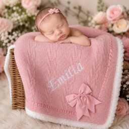 Personalised Baby Blanket Knitted With Bow Newborn Gift Embroidered Name