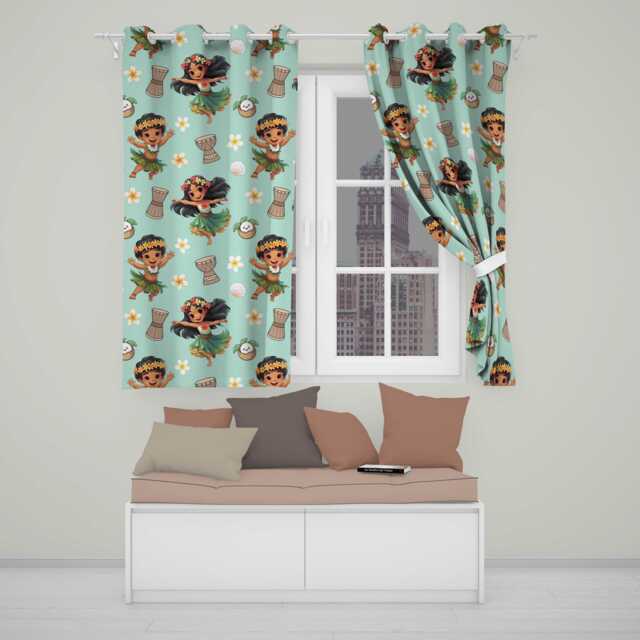 Cute Hawaiian Girl Hula Dance Coconut Shell Teal Background Seamless Pattern Readymade Eyelet Ring Top Thermal 100% Blackout Curtains - image 1