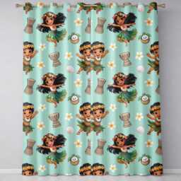 Cute Hawaiian Girl Hula Dance Coconut Shell Teal Background Seamless Pattern Readymade Eyelet Ring Top Thermal 100% Blackout Curtains - thumbnail 2