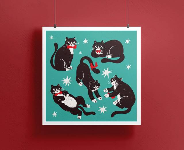 "Tuxedo Cat Wall Art Print - Cats With Bow Ties 2 Colours Kids, Bedroom Home Decorations Gift For Cat-Lovers 10""x10"