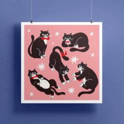 "Tuxedo Cat Wall Art Print - Cats With Bow Ties 2 Colours Kids, Bedroom Home Decorations Gift For Cat-Lovers 10""x10" - thumbnail 2