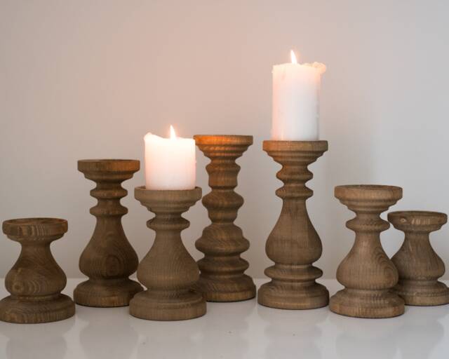 Beautiful Wood Color Candle Holders Set Of 7 Candlesticks Seven Wooden Pillars Turned Warmhouse Design Magic Cool Decor Farmhouse - image 1