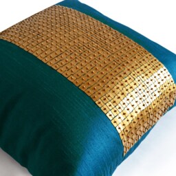 Teal Pillow Cover, Turquoise Throw Pillow, Color Block Gold Sequin Housewarming Gift, Autumn D??cor, Living Room Pillows - thumbnail 2