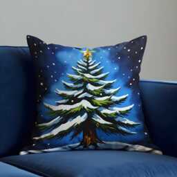 Snowy Christmas Tree Cushion Cover, Winter Holiday Throw Pillowcase With Star & Snowflakes, Festive Blue Seasonal Decor For Sofa Or Bed - thumbnail 1