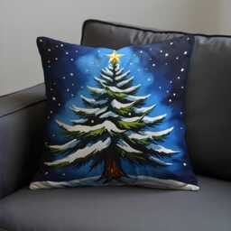 Snowy Christmas Tree Cushion Cover, Winter Holiday Throw Pillowcase With Star & Snowflakes, Festive Blue Seasonal Decor For Sofa Or Bed - thumbnail 3