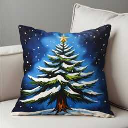 Snowy Christmas Tree Cushion Cover, Winter Holiday Throw Pillowcase With Star & Snowflakes, Festive Blue Seasonal Decor For Sofa Or Bed - thumbnail 2