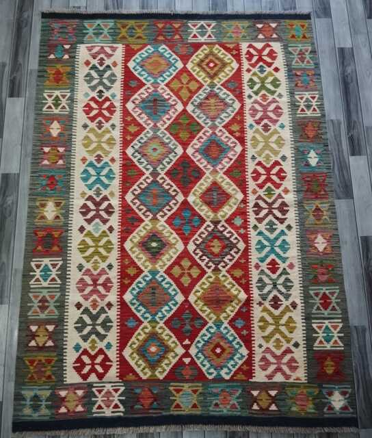 Heritage Kilim Rug, Handmade Artisan Afghan Turkish, Scandinavian, Navajo, Bohemian Flatweave, Natural Wool Multicolour Rug 210x153 cm - image 1