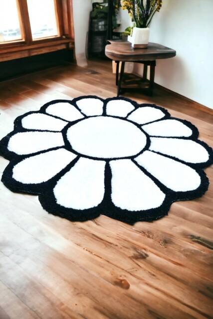 White & Black Rug, Handmade Tufted Floral Round Bedroom Circle Design - image 1