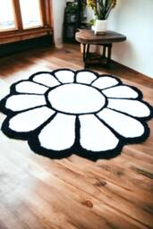 White & Black Rug, Handmade Tufted Floral Round Bedroom Circle Design - thumbnail 1