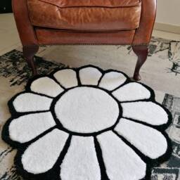 White & Black Rug, Handmade Tufted Floral Round Bedroom Circle Design - thumbnail 2