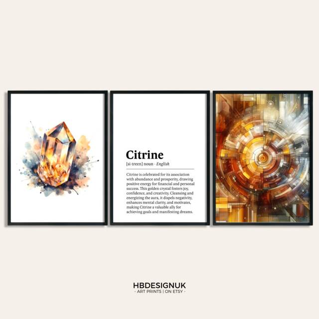 Citrine Crystal Print - Set Of 3 Posters - Watercolour Gemstone Mineralogy Meaning Paintings Gifts Design Decor Wall Art - image 1