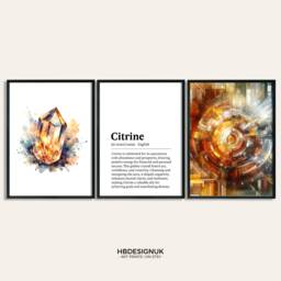 Citrine Crystal Print - Set Of 3 Posters - Watercolour Gemstone Mineralogy Meaning Paintings Gifts Design Decor Wall Art - thumbnail 1