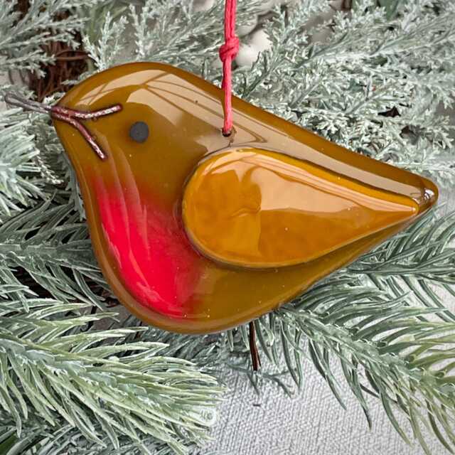 Robin Christmas Tree Decoration ~ Hand Made Fused Glass Caramel Opaque - image 1