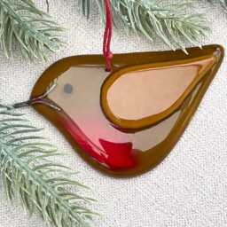 Robin Christmas Tree Decoration ~ Hand Made Fused Glass Caramel Opaque - thumbnail 3