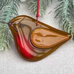Robin Christmas Tree Decoration ~ Hand Made Fused Glass Caramel Opaque - thumbnail 2