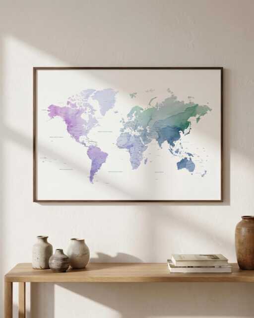 Purple Green Watercolor World Map Wall Art - Home Office Decor - image 1