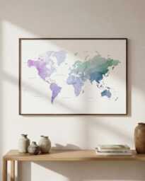 Purple Green Watercolor World Map Wall Art - Home Office Decor - thumbnail 1