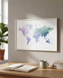 Colourful Watercolor World Map Print - Purple & Green Wall Art With Cities Travel Gift