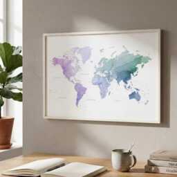 Purple Green Watercolor World Map Wall Art - Home Office Decor - thumbnail 3