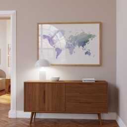 Purple Green Watercolor World Map Wall Art - Home Office Decor - thumbnail 4