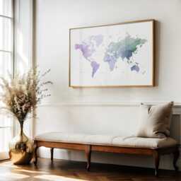 Purple Green Watercolor World Map Wall Art - Home Office Decor - thumbnail 2