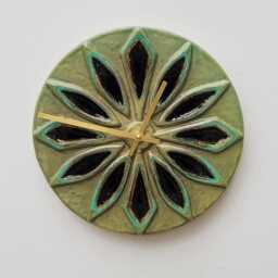 Unusual Hand Made Circular Round Khaki Sage Green Glazed Wall Clock With Inlaid Black Glass 25 cm Diameter - thumbnail 2
