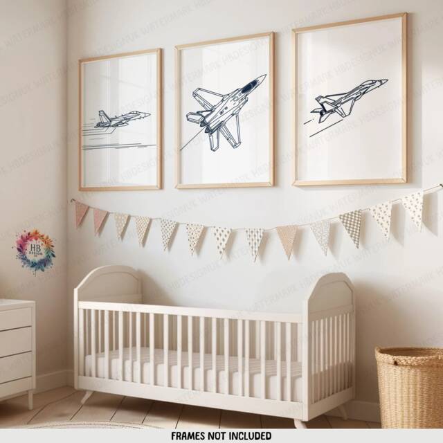 Fighter Jet Print Set - 3 Posters - Boys Bedroom Artwork Plane Wall Art Aircraft Line Drawing Design Pilot Gifts Decor Airplane - image 1