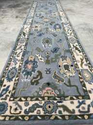 2.6x8 Blue Ivory Oushak Handmade Wool Rug, Modern Gray Floral Area Hallway Runner Carpets New Luxury Bedroom Rug Custom