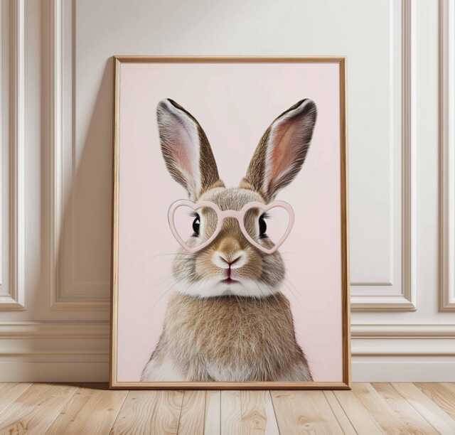 Cute Bunny Poster With Heart Glasses, Pink Nursery Animal Wall Art, Funny Rabbit Print For Girls Room, Whimsical Kids Decor - image 1