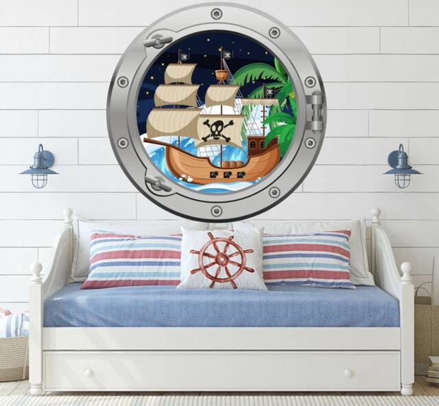 Large Small Animated Pirate Ship Pirates Port Hole Silver Or Gold Porthole Round Gloss Cut Wall Sticker Decal Adhesive - image 1