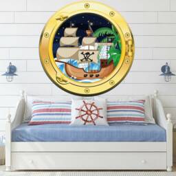Large Small Animated Pirate Ship Pirates Port Hole Silver Or Gold Porthole Round Gloss Cut Wall Sticker Decal Adhesive - thumbnail 2