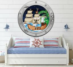 Large Small Animated Pirate Ship Pirates Port Hole Silver Or Gold Porthole Round Gloss Cut Wall Sticker Decal Adhesive