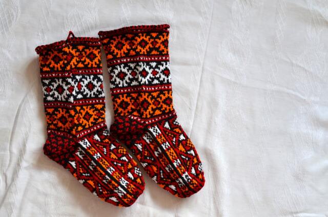 Hand Knitted Christmas Stockings, White Red Orange Black Turkish Winter Socks, Mens Womens High Socks - image 1