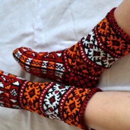 Hand Knitted Christmas Stockings, White Red Orange Black Turkish Winter Socks, Mens Womens High Socks - thumbnail 3