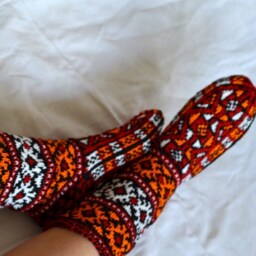 Hand Knitted Christmas Stockings, White Red Orange Black Turkish Winter Socks, Mens Womens High Socks - thumbnail 4