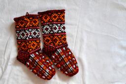 Hand Knitted Christmas Stockings, White Red Orange Black Turkish Winter Socks, Mens Womens High Socks - thumbnail 1
