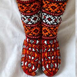 Hand Knitted Christmas Stockings, White Red Orange Black Turkish Winter Socks, Mens Womens High Socks - thumbnail 2
