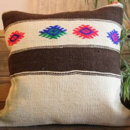 40cm - 16Inch Boho Kilim Cushion Cover Handwoven - Off White Black With Accents - thumbnail 2