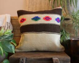 40cm - 16Inch Boho Kilim Cushion Cover Handwoven - Off White Black With Accents