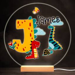 Dinosaur Alphabet Letter J Colourful Round Personalised Gift Lamp Night Light - Bedroom