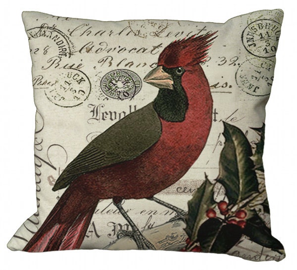 Red Cardinal & Holly Berries in Choice Of 22x22 Natural Cotton