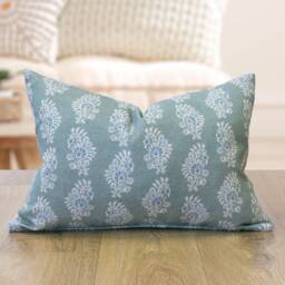 Chatsworth Boudoir Linen-Blend Cushion in Duck Egg Blue. Geometric Floral Paisley Design On A Linen Mix Background. 17x12