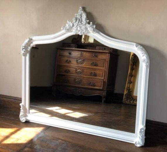 Large Arch Scroll Ornate Statement French Wood Over Mantle Gilt Swept Matte White Wall Leaner Mirror 5Ft - image 1