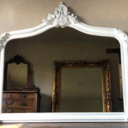 Large Arch Scroll Ornate Statement French Wood Over Mantle Gilt Swept Matte White Wall Leaner Mirror 5Ft - thumbnail 2