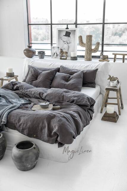 Charcoal Gray Linen Duvet Cover Set - 3 Piece Queen King Bedding European Flax, Stonewashed Midweight Linen, Breathable Dark - image 1