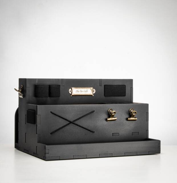 Vintage Desk Organizer With Hidden Retractable Handle, Made From Black Distressed Matte Painted Mdf. Multiple Spaces & Hanging Options - image 1